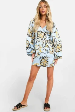 Wrap Dresses*boohoo Paisley Satin Balloon Sleeve Wrap Mini Dress blue