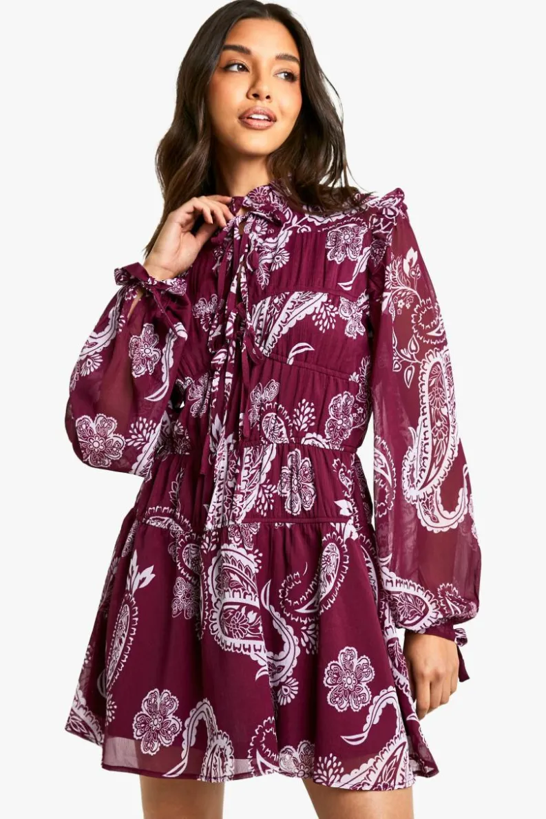 Smock Dresses*boohoo Paisley Tie Chiffon Smock Dress plum