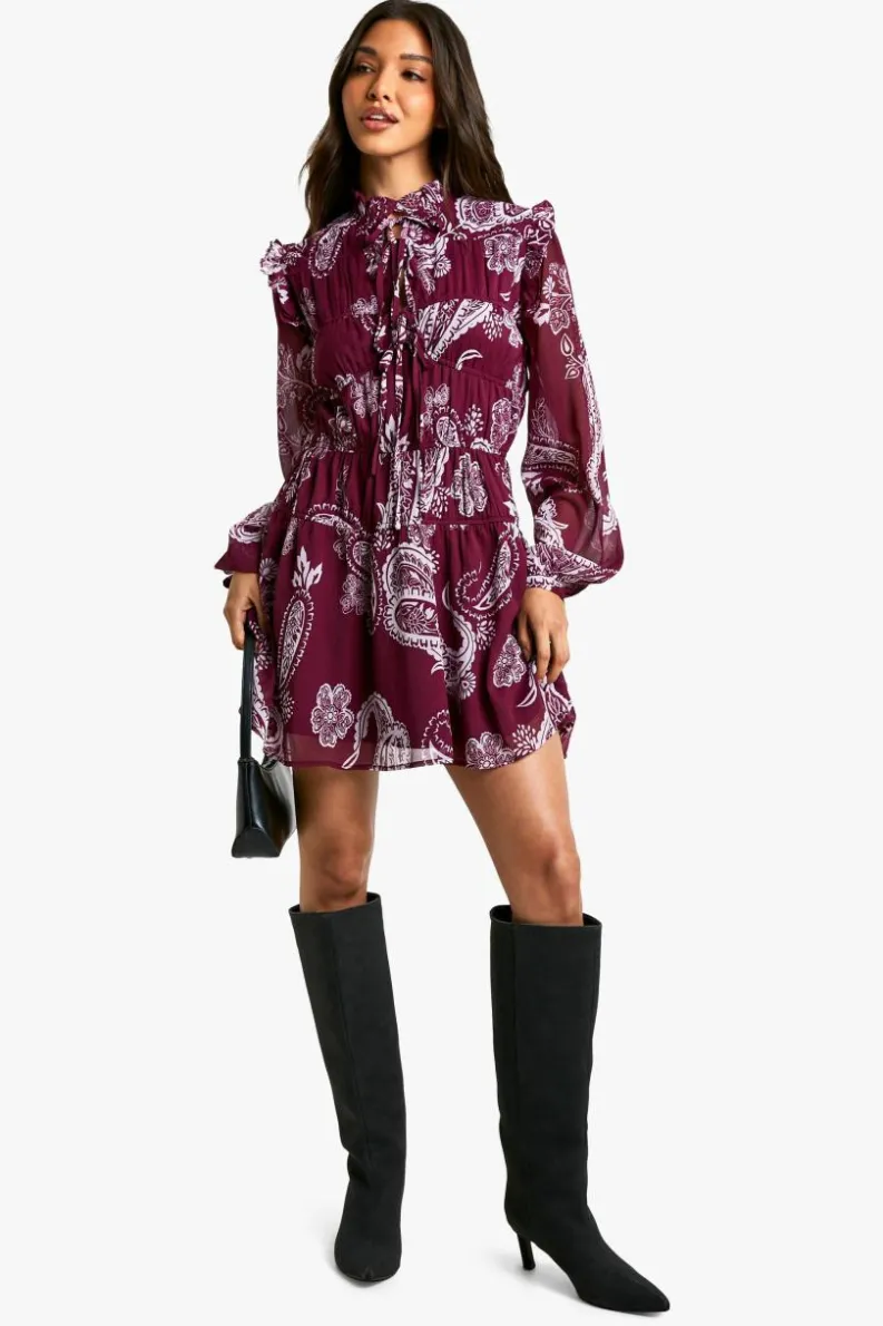 Smock Dresses*boohoo Paisley Tie Chiffon Smock Dress plum