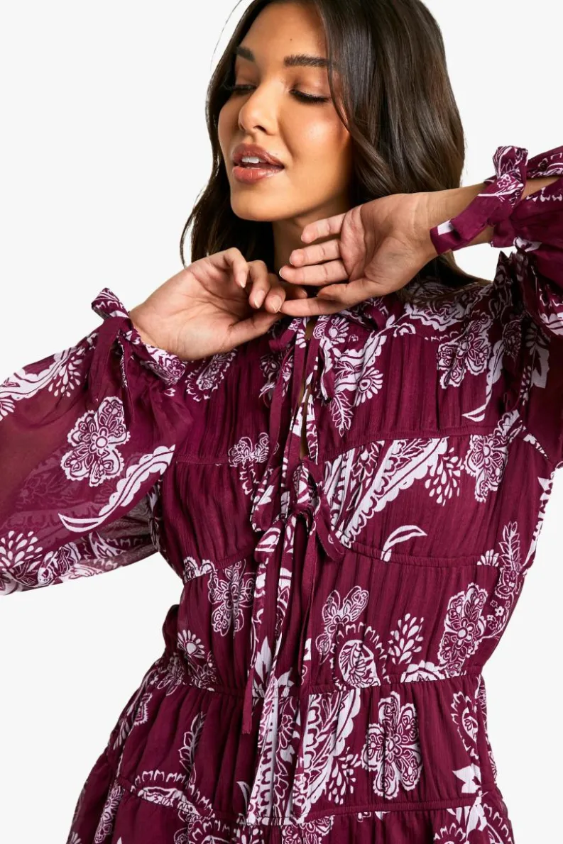 Smock Dresses*boohoo Paisley Tie Chiffon Smock Dress plum