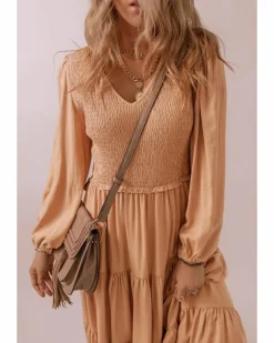 Smock Dresses*Azura Exchange Pale Chestnut Smocked V Neck Long Sleeve Ruffle Dress Multi