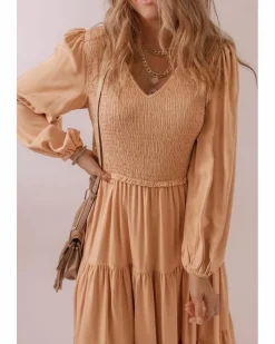 Smock Dresses*Azura Exchange Pale Chestnut Smocked V Neck Long Sleeve Ruffle Dress Multi
