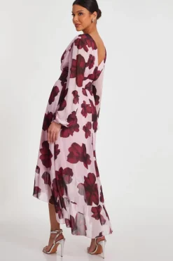 Midi Dresses*Quiz Floral Dip Hem Midi Dress Pale Pink
