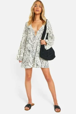 Smock Dresses*boohoo Palm Printed Cotton Ring Detail Mini Dress black
