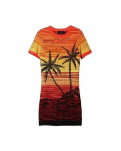 T-Shirt Dresses|Shirt Dresses*Desigual Palm Tree Knit Dress Sunset Style Red