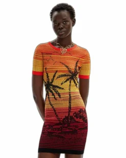 T-Shirt Dresses|Shirt Dresses*Desigual Palm Tree Knit Dress Sunset Style Red
