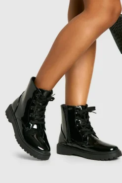 Biker Boots|All Boots*boohoo Patent Basic Lace Up Biker Boots black