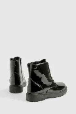 Biker Boots|All Boots*boohoo Patent Basic Lace Up Biker Boots black
