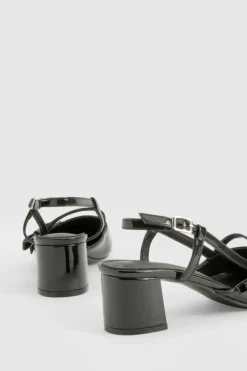 Ballet Flats|Flats*boohoo Patent Bow Detail Low Block Heel Slingback Ballets black