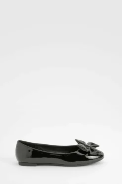 Ballet Flats|Flats*boohoo Patent Bow Round Toe Ballerina black