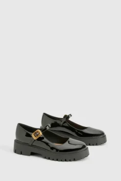 Ballet Flats|Flats*boohoo Patent Chunky Hardware Detail Mary Janes black