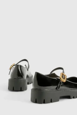 Ballet Flats|Flats*boohoo Patent Chunky Hardware Detail Mary Janes black