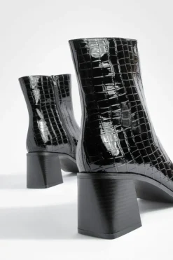 Heels|Heeled Boots*boohoo Patent Croc Block Heel Ankle Boots black