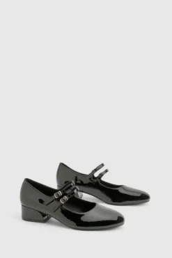 Ballet Flats|Flats*boohoo Patent Double Strap Mary Jane Ballets black