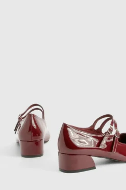Ballet Flats|Flats*boohoo Patent Double Strap Mary Jane Ballets burgundy