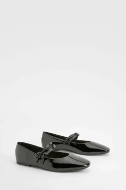 Ballet Flats|Flats*boohoo Patent Double Strap Mary Janes black