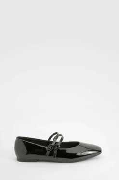 Ballet Flats|Flats*boohoo Patent Double Strap Mary Janes black