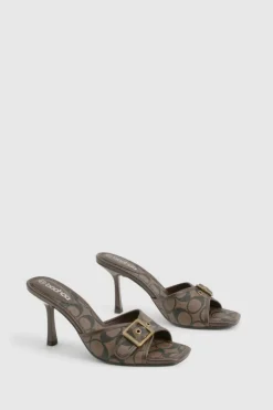 Heels*boohoo Patterned Square Toe Buckle Mule brown