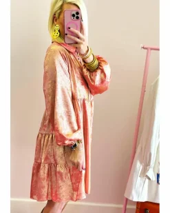 Shirt Dresses*Azura Exchange Peach Blossom Metallic Balloon Sleeve Shirt Plus Size Mini Dress Pink