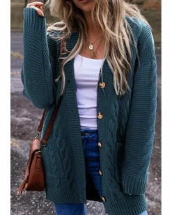 Cardigans*Azura Exchange Peacock Blue Cable Knit Button Front Pocketed Baggy Cardigan Multi