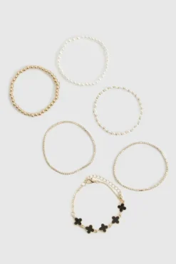 Bracelets*boohoo Pearl and Enamel Layered Bracelet 6 Pack gold