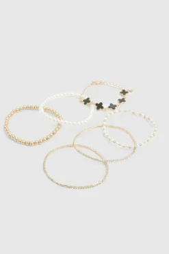 Bracelets*boohoo Pearl and Enamel Layered Bracelet 6 Pack gold