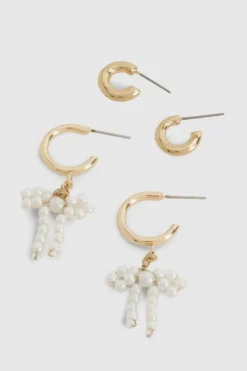 Earrings*boohoo Pearl Bow Detail Hoop Earrings 2 Pack gold