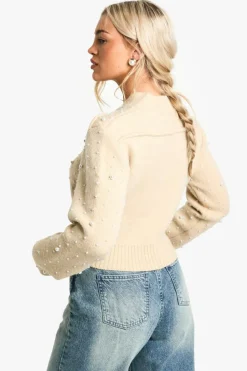 Cardigans*boohoo Pearl Detail Knitted Zip Through Bomber Cardigan beige