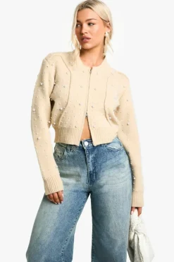 Cardigans*boohoo Pearl Detail Knitted Zip Through Bomber Cardigan beige