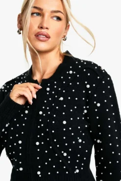 Cardigans|Jumpers & Cardigans*boohoo Pearl Detail Knitted Zip Through Bomber Cardigan black