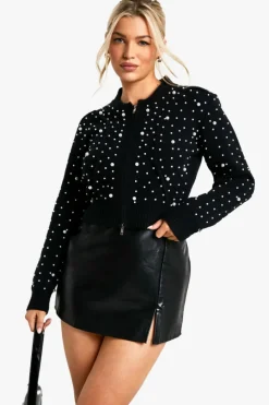 Cardigans|Jumpers & Cardigans*boohoo Pearl Detail Knitted Zip Through Bomber Cardigan black