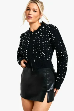 Cardigans|Jumpers & Cardigans*boohoo Pearl Detail Knitted Zip Through Bomber Cardigan black
