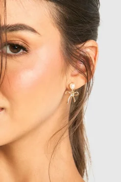 Earrings*boohoo Pearl Heart & Bow Drop Earrings gold