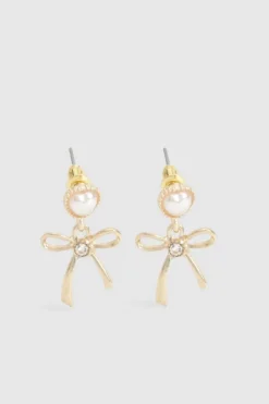 Earrings*boohoo Pearl Heart & Bow Drop Earrings gold