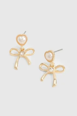 Earrings*boohoo Pearl Heart & Bow Drop Earrings gold