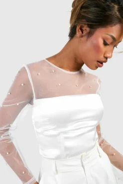 Long Sleeve Tops*boohoo Pearl Satin Long Sleeve Top white