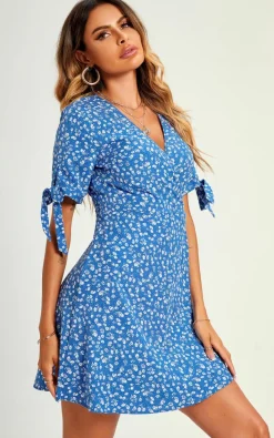 Wrap Dresses*FS Collection Peaty Floral Dot Print Mini Wrap Dress In Blue