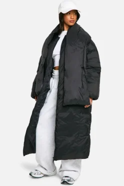 Up To 80% Off Winter Warmers|Puffer Jackets*boohoo Petite 2 In 1 Longline Scarf Puffer Jacket black