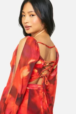 Skater Dresses*boohoo Petite Abstract Floral Godet Hem Lace Up Skater Dress red