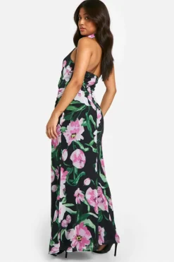 Bodycon Dresses*boohoo Petite Abstract Floral High Neck Ruched Maxi Dress black