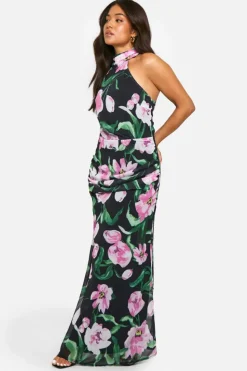 Bodycon Dresses*boohoo Petite Abstract Floral High Neck Ruched Maxi Dress black