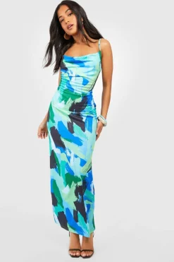 Maxi Dresses*boohoo Petite Abstract Print Cowl Neck Maxi Dress blue