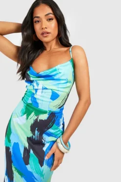 Maxi Dresses*boohoo Petite Abstract Print Cowl Neck Maxi Dress blue