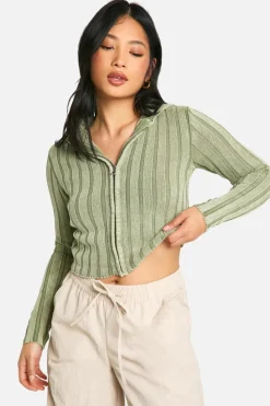Cardigans*boohoo Petite Acid Wash Off The Shoulder Chunky Rib Knit Zip Cardigan sage