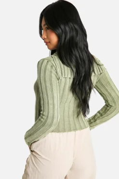 Cardigans*boohoo Petite Acid Wash Off The Shoulder Chunky Rib Knit Zip Cardigan sage