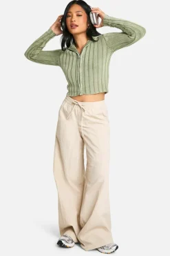 Cardigans*boohoo Petite Acid Wash Off The Shoulder Chunky Rib Knit Zip Cardigan sage