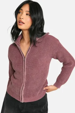 Cardigans*boohoo Petite Acid Wash Zip Through Collared Cardigan mauve