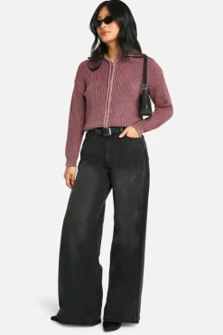 Cardigans*boohoo Petite Acid Wash Zip Through Collared Cardigan mauve