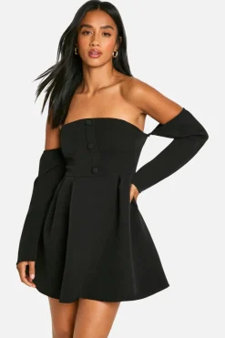 A Line Dresses|Skater Dresses*boohoo Petite A-Line Bardot Long Sleeve Mini Dress black