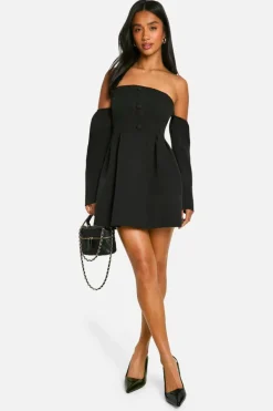 A Line Dresses|Skater Dresses*boohoo Petite A-Line Bardot Long Sleeve Mini Dress black